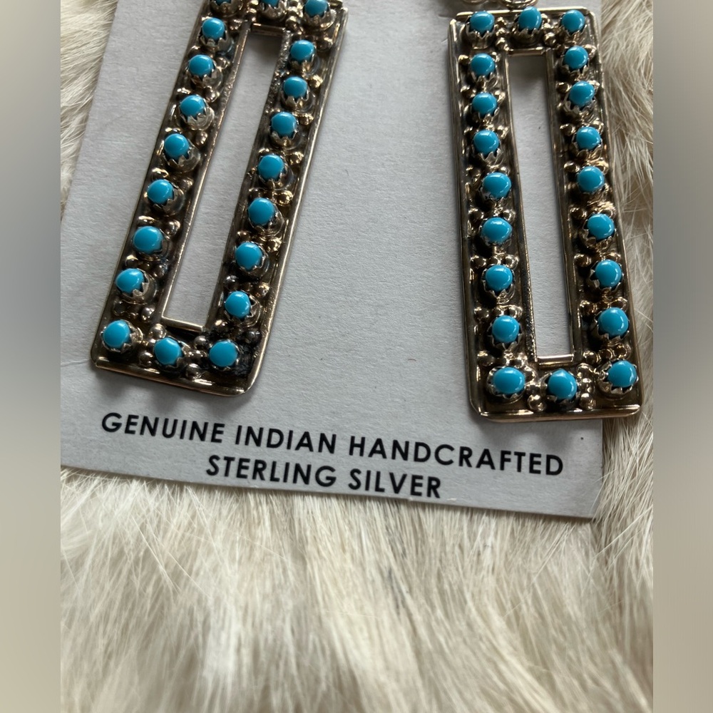 Zuni Turquoise Rectangular Drop Earrings - Picture 2 of 6